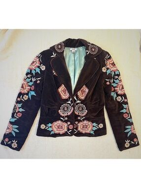 Vintage Y2K Cache Brown Velvet Floral Embroidered Blazer Jacket Size 4 #fall